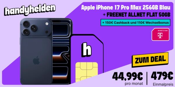 iphone 17 pro max telekom 50gb handyhelden banner Handyhelden: Apple iPhone 17 Pro Max 256GB + freenet Allnet Flat 50GB im Telekom-Netz