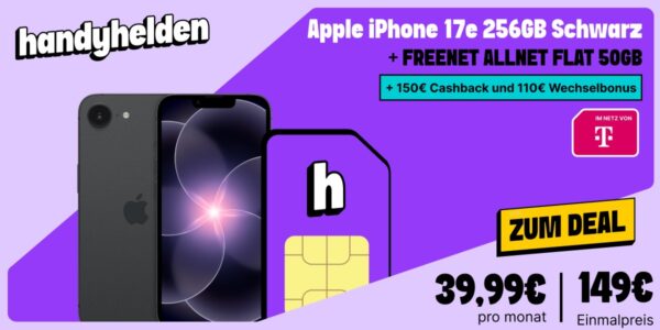 iphone 17e handyhelden bundle banner Handyhelden: Apple iPhone 17e 256GB + Allnet Flat 50GB im Telekom-Netz für 39,99€/Monat
