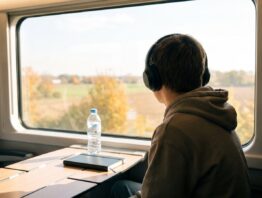 jugend bahncard bild 1 Jugendliche Person mit Kopfhörern am Fensterplatz eines Fernzugs, draußen herbstliche Felder