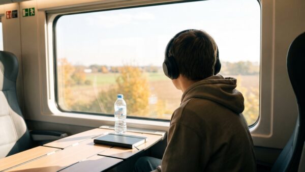 jugend bahncard bild 1 Jugendliche Person mit Kopfhörern am Fensterplatz eines Fernzugs, draußen herbstliche Felder