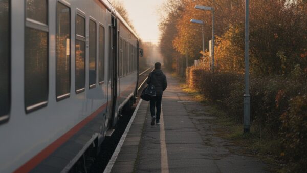 jugend bahncard bild 3v2 Jugendlicher mit Sporttasche geht auf einem herbstlichen Bahnsteig zur offenen ZugtĂĽr