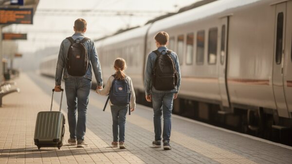 jugend bahncard bild 4 Erwachsener mit Kind an der Hand und eine jugendliche Person mit Rucksack auf einem Bahnsteig, von hinten