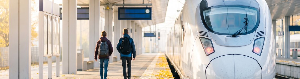 Zwei Jugendliche mit Rucksäcken gehen auf einem herbstlichen Bahnsteig zu einem weißen Hochgeschwindigkeitszug