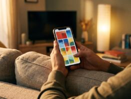 justwatch bild 1 Hände halten auf dem Sofa ein Smartphone mit Film-Kacheln, im Hintergrund ein Fernseher