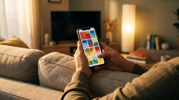 Hände halten auf dem Sofa ein Smartphone mit Film-Kacheln, im Hintergrund ein Fernseher