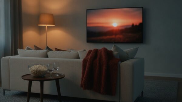 Abendliches Wohnzimmer mit Fernseher, Sofa und Popcorn für einen kostenlosen Filmabend