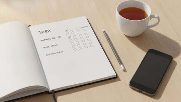 Notizbuch mit einer Merkliste, Bleistift, Fernbedienung und Smartphone auf einem Holztisch