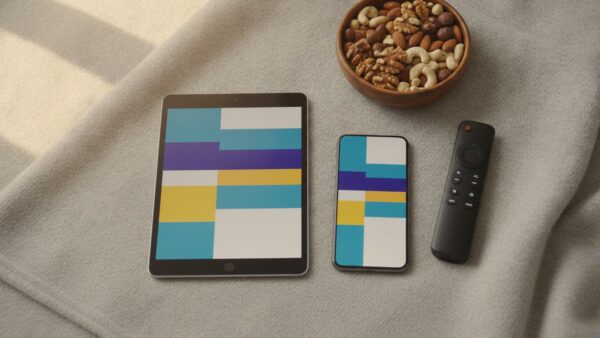 Tablet, Smartphone, Streaming-Stick und Fernbedienung auf einer Wolldecke