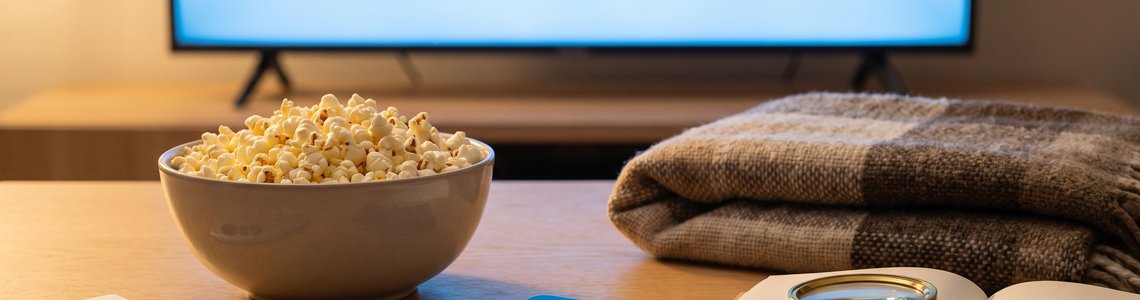 Couchtisch mit Fernbedienung, Popcorn, Smartphone und Lupe vor einem Fernseher mit leerem Bildschirm