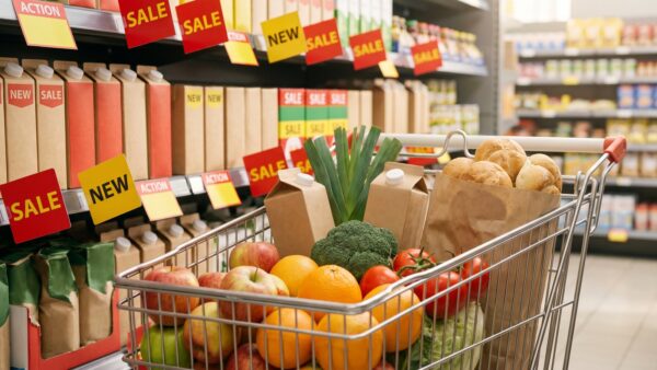 kaufland angebote bild 1 Einkaufswagen mit Obst und Gemüse vor einem Supermarktregal mit Aktionsschildern