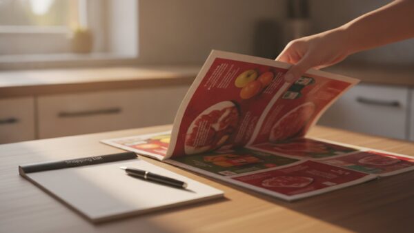 kaufland angebote bild 3 Hand blättert am Küchentisch in einem Supermarkt-Prospekt