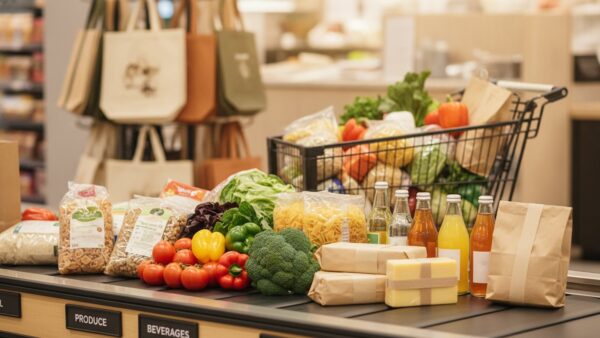 kaufland angebote bild 4 Voller Einkaufswagen am Kassenband mit Lebensmitteln für den Wocheneinkauf