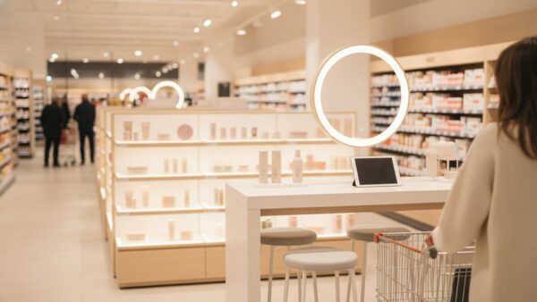 kaufland bevola bild 2 Beauty-Ecke mit Spiegel und Tablet in einem Supermarkt, Kundin von hinten