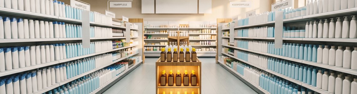 Drogerieregal im Supermarkt mit schlichten Pflegeflaschen und einer beleuchteten Regalinsel