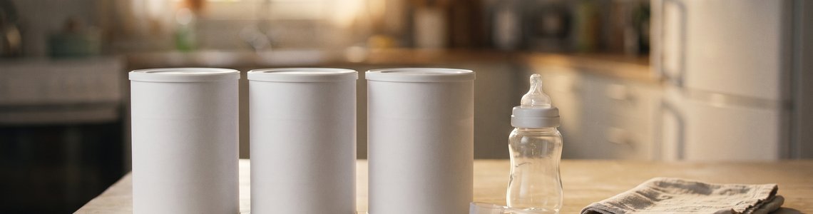 Milchpulverdosen ohne Etikett und Babyfläschchen auf einem Küchentisch