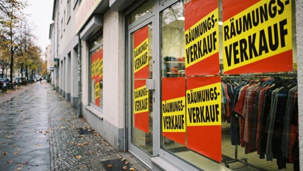 Schaufenster eines Textil-Discounters mit Räumungsverkauf-Plakaten als Sinnbild für KiK-Filialschließungen