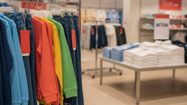 Kleiderständer mit reduzierter Kinderkleidung und roten Anhängern im Abverkauf