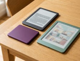 Drei neue E-Reader in Lila, Graphit und Grün nebeneinander auf einem Holztisch