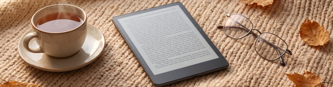 E-Reader auf einer Wolldecke neben einer Tasse Tee und einer Lesebrille