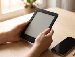 Hände halten einen E-Book-Reader mit leerem Bildschirm, daneben ein Smartphone und ein Schlüssel