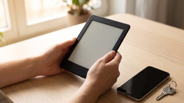 Hände halten einen E-Book-Reader mit leerem Bildschirm, daneben ein Smartphone und ein Schlüssel