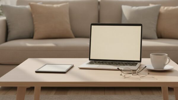 Laptop, Tablet und E-Book-Reader mit leeren Bildschirmen nebeneinander auf einem Wohnzimmertisch