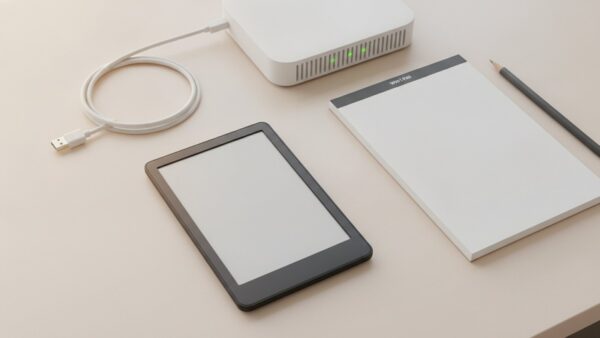 E-Book-Reader neben einem WLAN-Router, einem Ladekabel und einem leeren Notizblock auf einem Schreibtisch
