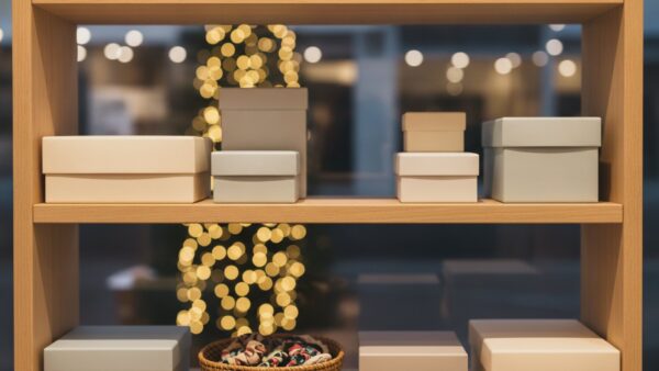 kknekki adventskalender bild 3 Fast leer geräumtes Holzregal in einer Boutique mit unbedruckten Geschenkschachteln und einem Korb Haargummis