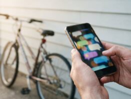 Hände halten ein Smartphone mit Chat-Sprechblasen vor einem gebrauchten Fahrrad – Kleinanzeigen KI