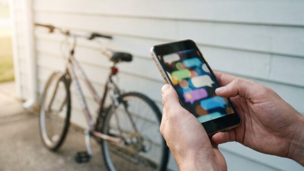 kleinanzeigen ki chats bild 1 HĂ€nde halten ein Smartphone mit Chat-Sprechblasen vor einem gebrauchten Fahrrad â Kleinanzeigen KI