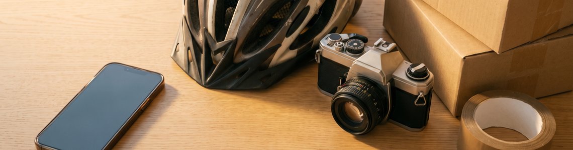Smartphone neben gebrauchten Gegenständen und Versandkartons auf einem Holztisch