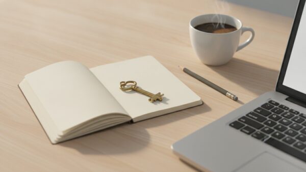 kleinanzeigen login bild 2 Leeres Notizbuch mit einem Messingschlüssel, Bleistift und Kaffeetasse als Sinnbild für ein vergessenes Passwort