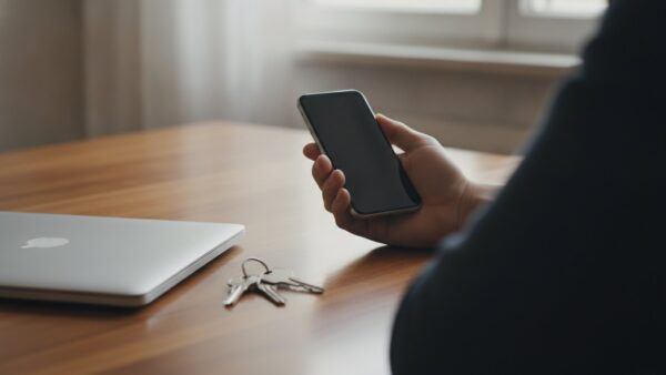 kleinanzeigen login bild 3 Hand hält ein Smartphone von hinten über einem Tisch mit Notebook und Schlüsselbund, Sinnbild für die zweite Bestätigung beim Login