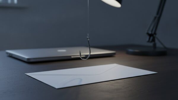 kleinanzeigen login bild 4 Angelhaken über einem unbeschrifteten Briefumschlag auf einem Schreibtisch als Sinnbild für Phishing im Namen von Kleinanzeigen