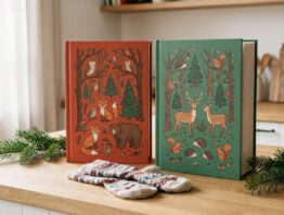 Zwei Snack-Adventskalender in Buchform in Rot und Grün, davor Wintersocken und ein Tannenzweig
