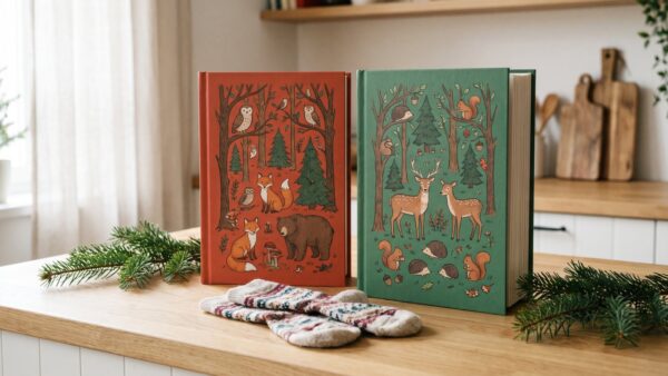 Zwei Snack-Adventskalender in Buchform in Rot und Grün, davor Wintersocken und ein Tannenzweig