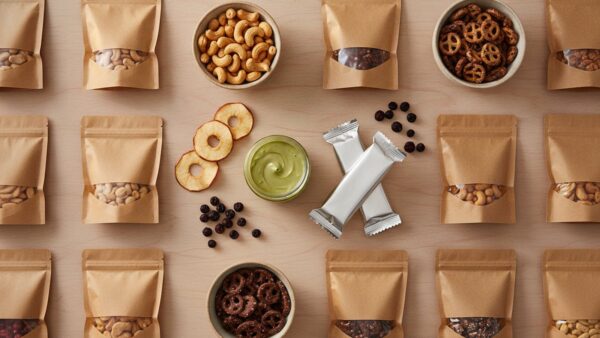 Snacks aus einem Adventskalender ausgebreitet: Pistaziencreme, Riegel, Cashews, Schokobrezeln und Trockenfrüchte