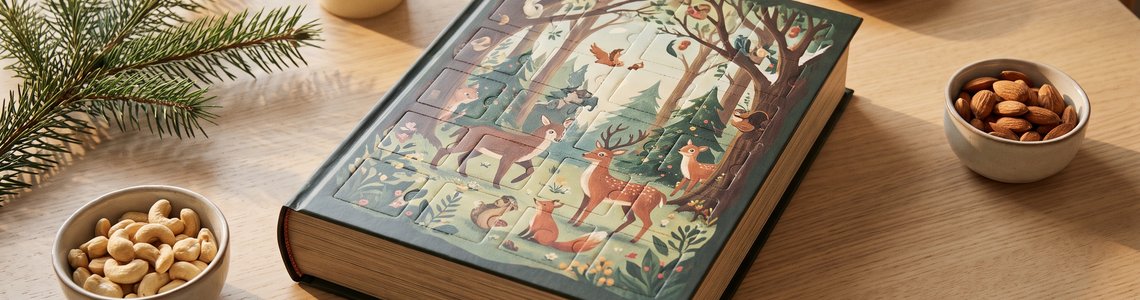 Adventskalender im Märchenbuch-Design auf einem Holztisch, umgeben von Schalen mit Nüssen und Trockenfrüchten