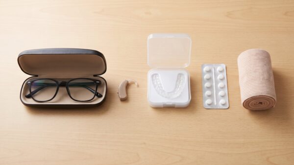 krankheitskosten steuer bild 1 Brille im Etui, Hörgerät, Zahnschiene, Tablettenpackung und Bandage auf einem Holztisch