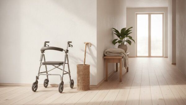 krankheitskosten steuer bild 4 Heller Wohnungsflur mit Rollator, Gehstock, Wolldecke und GrĂĽnpflanze