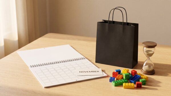 lego black friday bild 1 Kalender, schwarze Einkaufstasche, Klemmbausteine und Sanduhr auf einem Holztisch