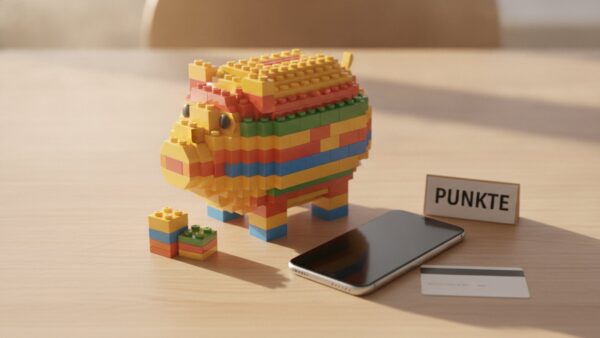 lego black friday bild 2 Sparschwein aus Klemmbausteinen mit gestapelten Steinen und einer Karte „Punkte“