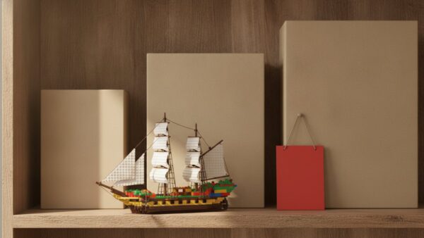 lego black friday bild 3 Neutrale Bausatzkartons im Regal und ein gebautes Segelschiff aus Klemmbausteinen