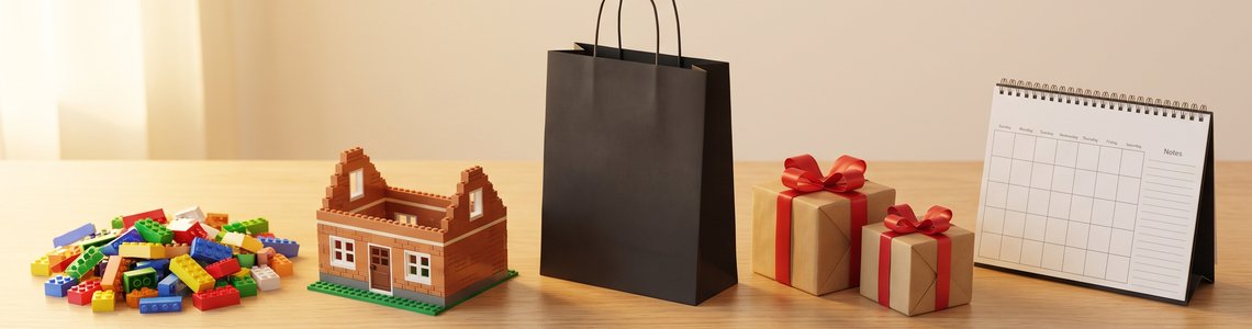 Bunte Klemmbausteine, Modellhaus, Einkaufstasche und Geschenke auf einem Holztisch