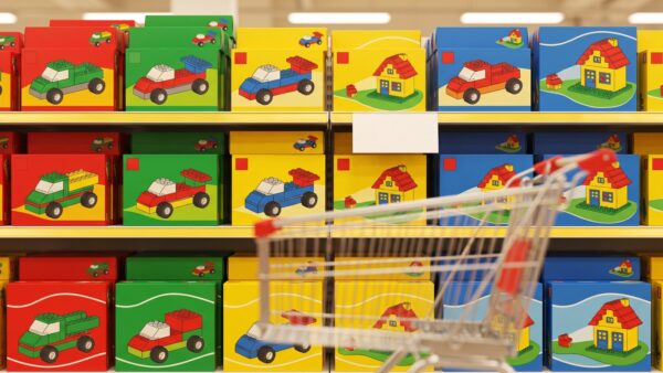Aktionsregal mit bunten Spielzeugkartons und Einkaufswagen in einem Discounter
