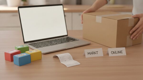 Hände sortieren Spielzeugkartons neben Laptop, Kassenbon und Paket mit Karten „Markt“ und „Online“