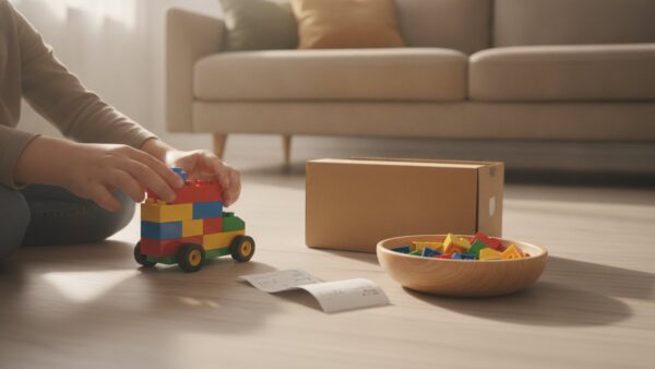 Kinderhände bauen ein Fahrzeug aus Klemmbausteinen neben geöffnetem Karton und Kassenbon