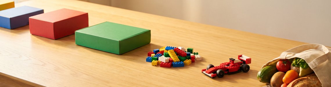 Bunte Spielzeugkartons, Klemmbausteine und ein halb gebautes Rennauto auf einem Holztisch