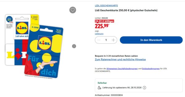 lidl geschenkkarte 250 euro shop Lidl Geschenkkarte 250 € im Lidl Onlineshop für 225,99 €