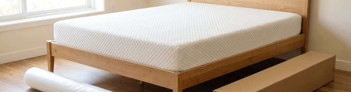 Neue weiße Schaumstoffmatratze auf einem Holzbett, daneben ein Versandkarton
